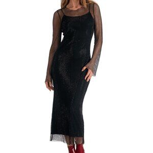 Elan 2-Piece Maxi Dress | Sheer Beaded Fishnet Overlay | Black | Size S | NWT